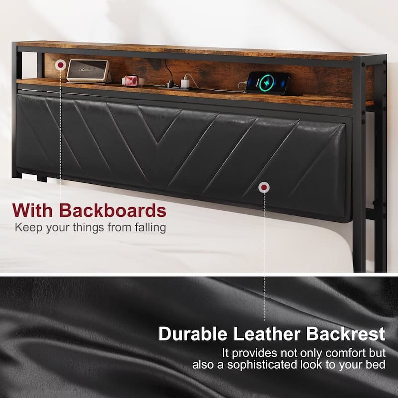 Queen Size Metal Platform Bed Frame with Adjustable Headboard, Charging Station