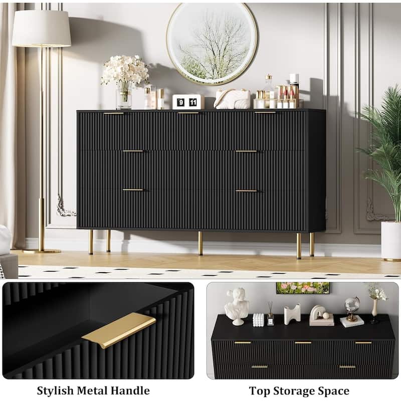 7 Drawer Dresser for Bedroom, Fluted Chest with Gold Handle, Wood Organizer for Closet, Living Room, Hallway