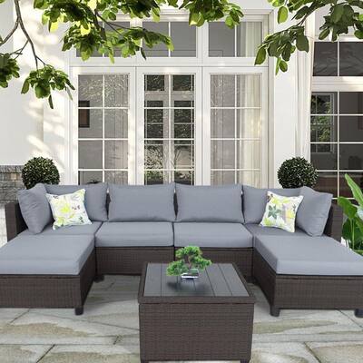 7Pcs Patio Furniture Rattan Cushioned Sofa Set Group with 2 Ottoman