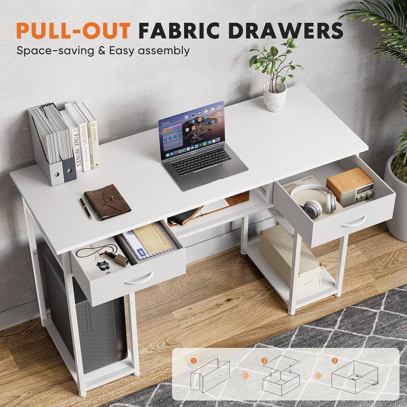 Computer Desk 48 Inch Home Office Bedroom Writing Study PC Table with Fabric Drawers Storage Shelves Space Side Bag