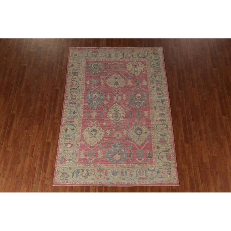 Pink Oushak Vegetable Dye Area Rug Handmade Wool Carpet - 6'0"x 8'8"
