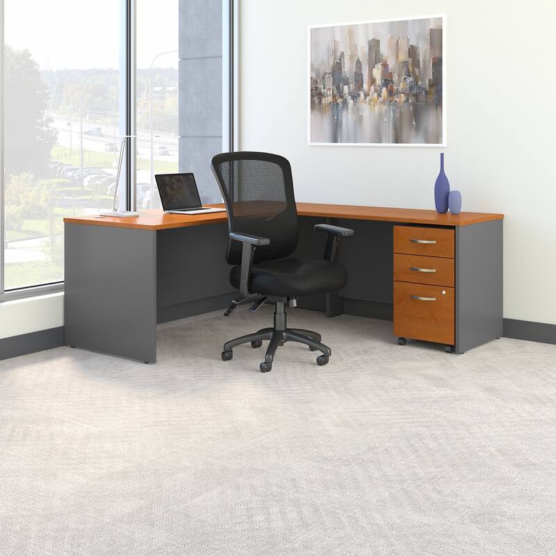 Series C 72W L Desk with Drawers and Chair by Bush Business Furniture - Natural Cherry/Graphite Gray