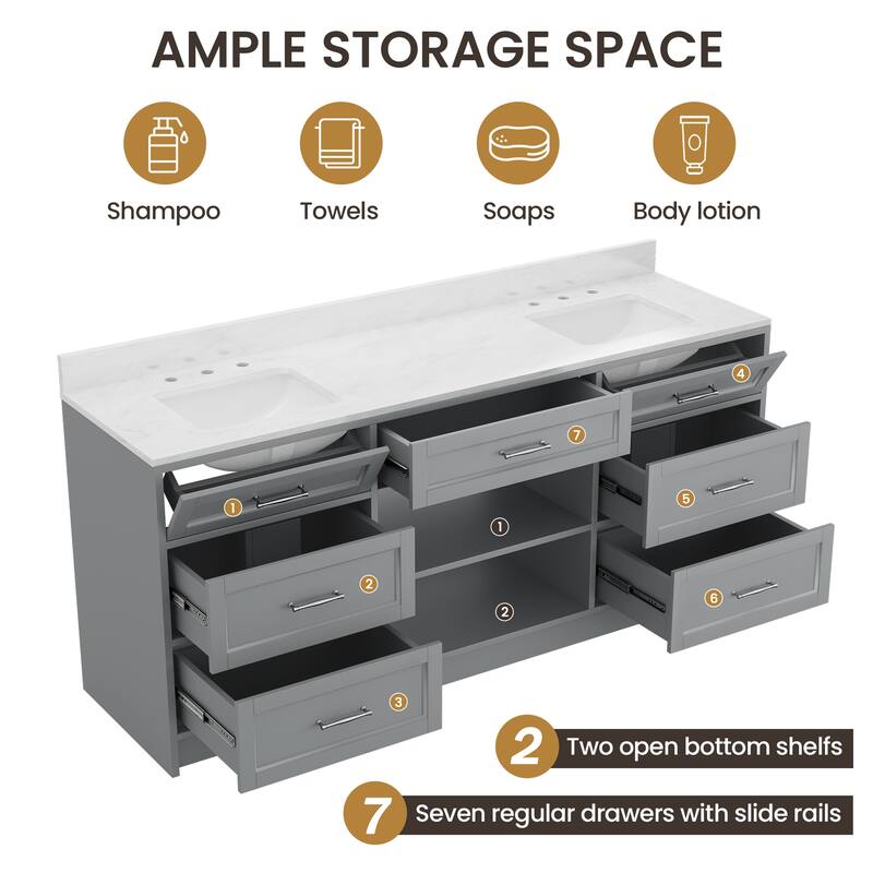 72-in Undermount Double Sink Bathroom Vanity with White Quartz Top