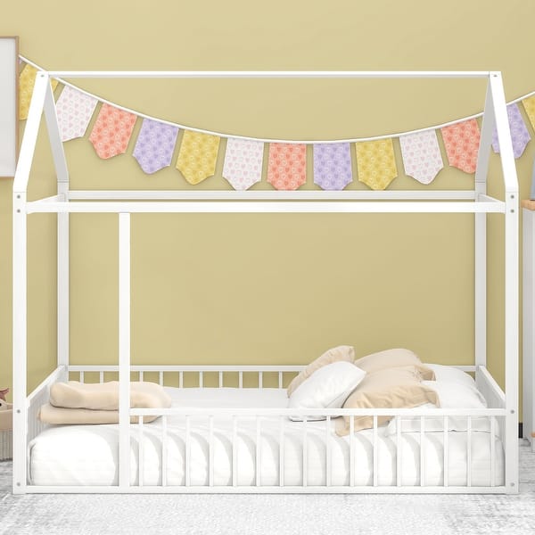 slide 2 of 8, Full Size Metal Montessori Floor Bed Playhouse Bed Frame with Fence White - Full