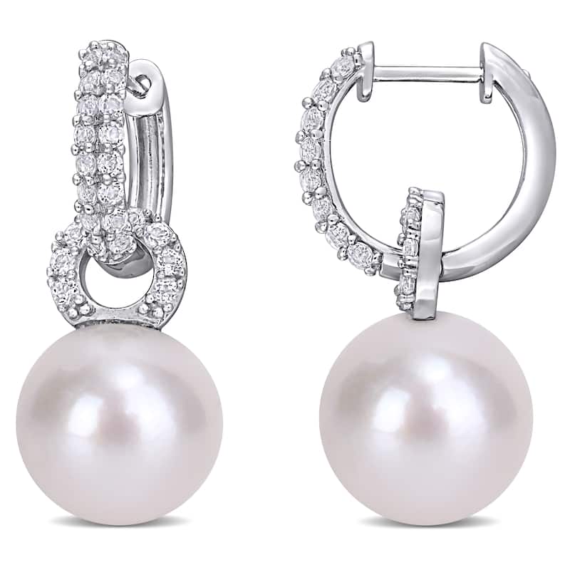 11-12 MM Cultured Freshwater Pearl and White Topaz Hoop Drop Earrings in Sterling Silver by Miadora