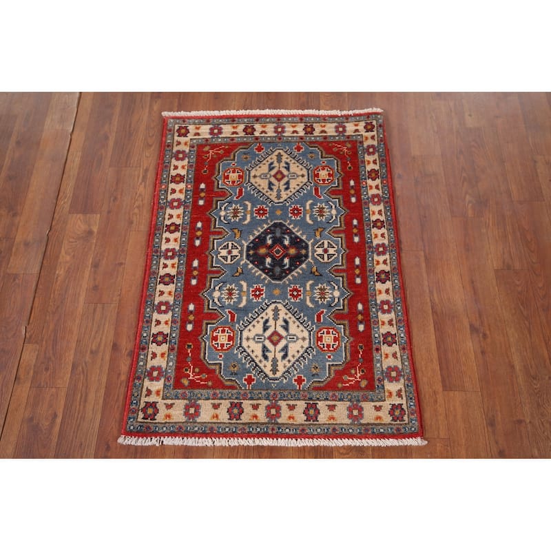 Blue Geometric Kazak Foyer Rug Handmade Traditional Wool Carpet - 2'1" x 2'11"