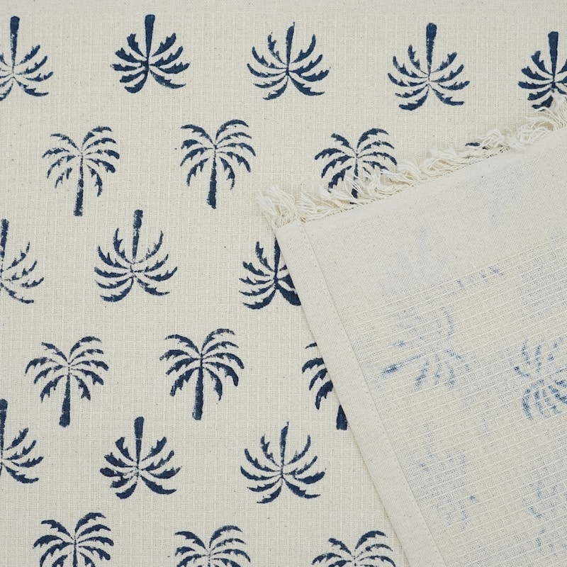 Fabdivine Hand Block Floral Print Waffle Weave Kitchen, Dining Room Use, Gift Hand Towel - Palm Tree- Navy Blue - Set of 20