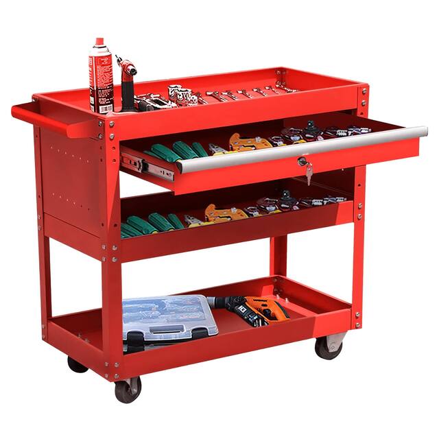 3-Tier Rolling Tool Cart with Drawer Steel Utility Storage Tool Box - Red