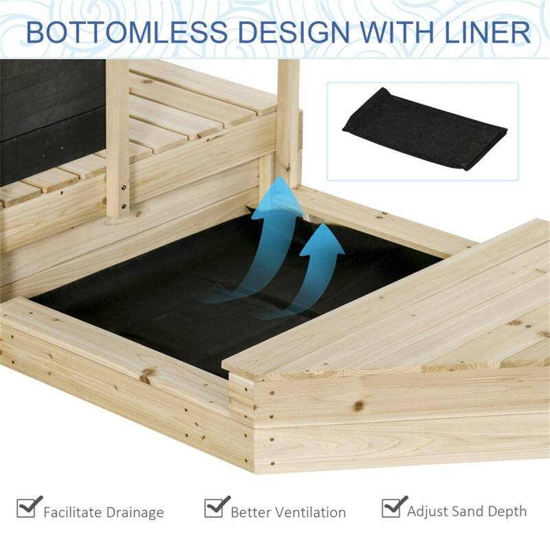 Children’s Boat Sandbox with Canopy Blackboard Rudder and Side Seats for Kids Ages 3 to 8 Years - 70.75" L x 36" W x 56.75" H