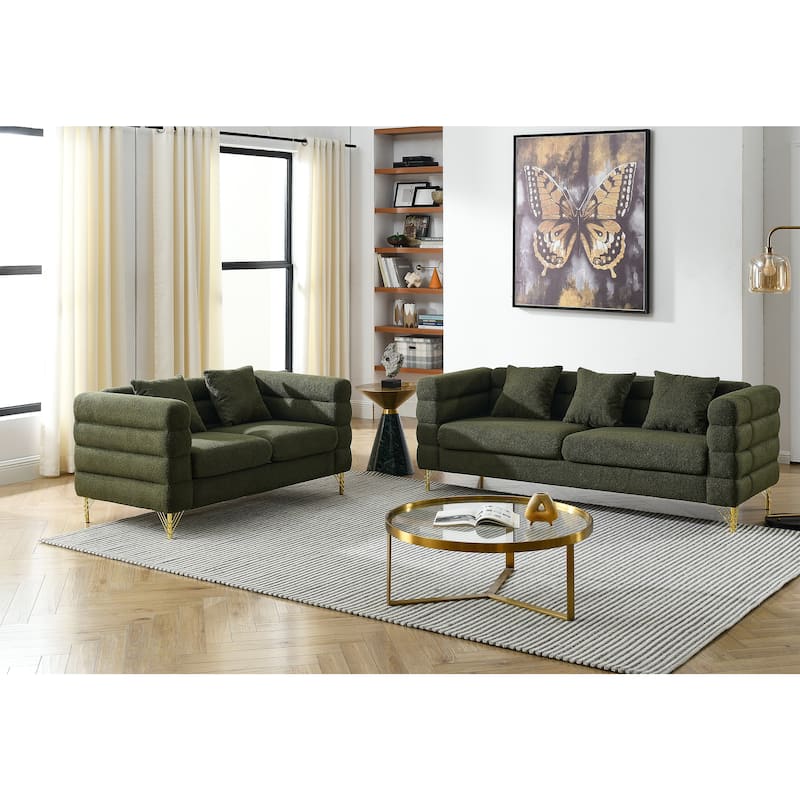 American Style 2-piece Sofa and Loveseat Set,Oversized Fabric Upholstered Sofa with 5 Pillows for Living Room Sofa-Deep Seating - Green