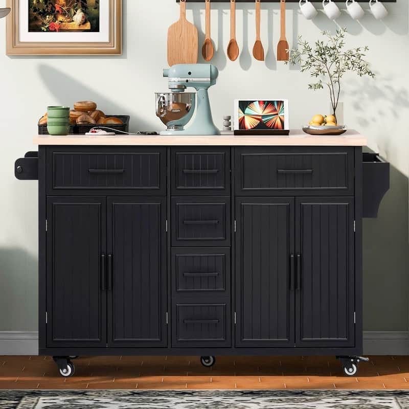 56.5" Kitchen Island with Drop Leaf and Charging Station, Rolling Kitchen Cart on Wheels with Drawers and Adjustable Shelves