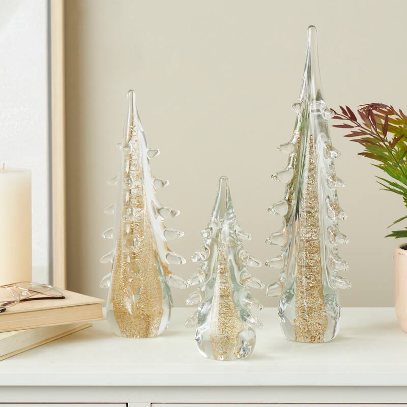Glass Tree Dimensional Sculpture with Gold Flake Accents - Set of 3 Gold - Roche River Decor - 4"W x 4"L x 15"H