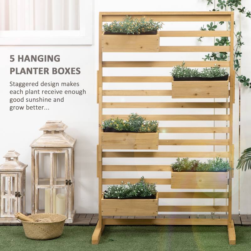 Outsunny Outdoor Plant Stand with 5 Hanging Flower Boxes and Slatted Trellis for Climbing Plants, Freestanding Wooden Lattice