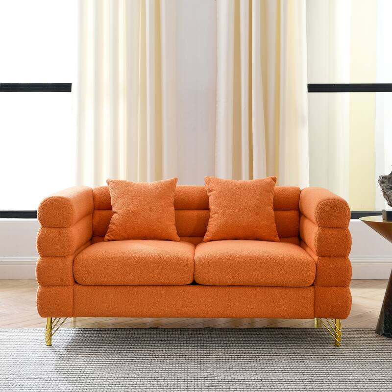 Oversized Loveseat Sofa with 2 Lumbar Pillows, Teddy Fabric Upholstered 2 Seater Sofa, Lounge Sofa with Metal Legs - Orange