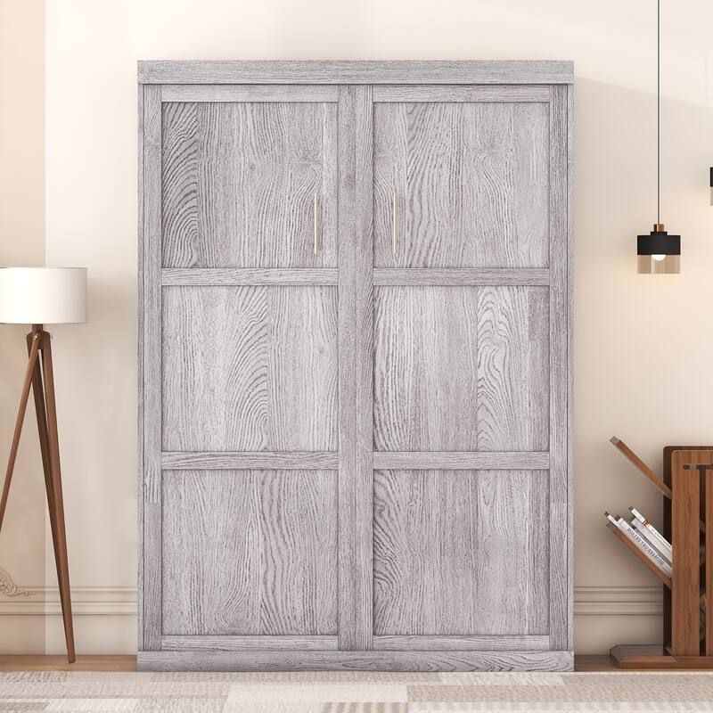 Full Size Gray Murphy Bed with Foldable Cabinet Design and Hidden Legs - MDF & Metal