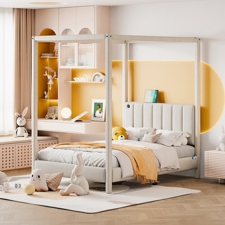 Canvas-Upholstered Frame Canopy Platform Bed Four Poster Bed with USB, Type-C Ports, Built-in Stripe Headboard and Footboard