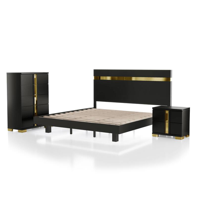 Furniture of America Halifax Modern 3-Piece Wood Black Platform Bedroom Set with Underbed LED