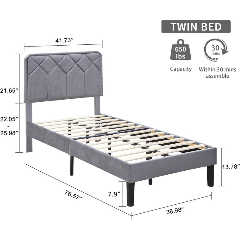 VECELO Adjustable Height Velvet Headboard Grey Bed Frame with Diamond Tufted Twin/Full/Queen Sizes Frame with Center Support Leg