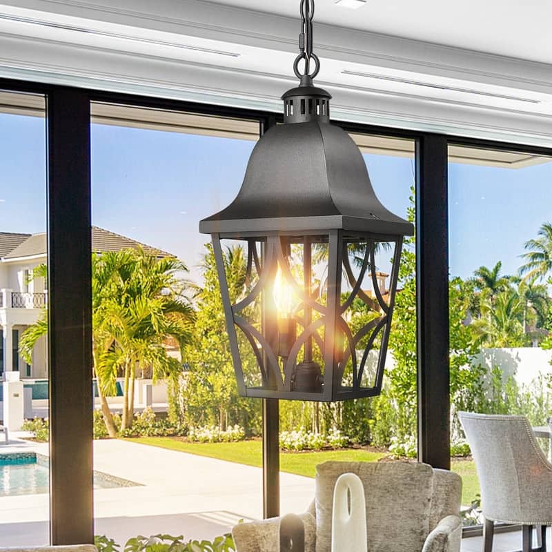 Modern Black Outdoor Pendant Light - Anti-Rust Hanging Lantern with Glass Shade for Porch, Front Door (1-Pack)