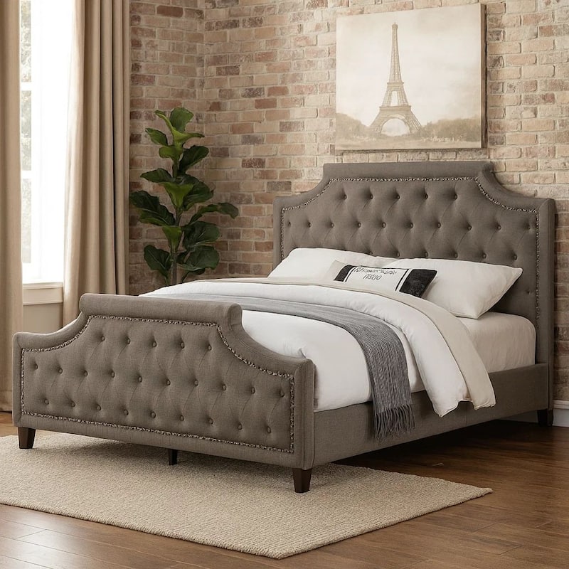 Gia Upholstered King Size Bed, Clipped Corners, Rich Brown Polyester Fabric