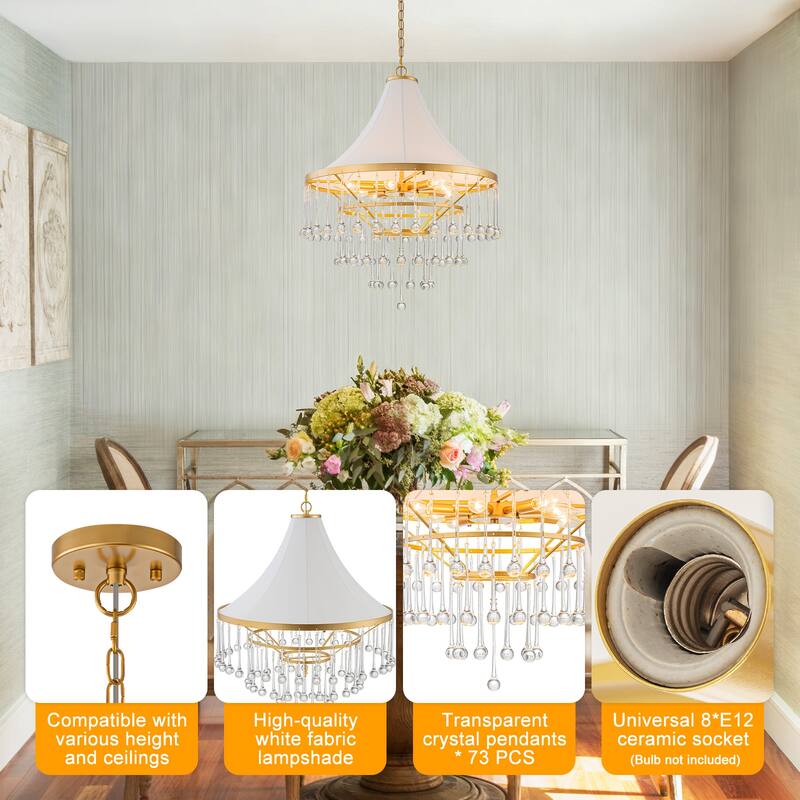 Brushed Gold Crystal Tiered Chandelier with Linen Shade Dining Room - Dia.23.62-in