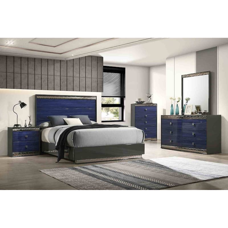 Glam Ash Gray and Indigo Blue Bedroom Furniture Set with Geo Chrome Molding