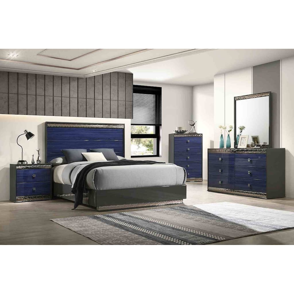 Glam Ash Gray and Indigo Blue Bedroom Furniture Set with Geo Chrome Molding