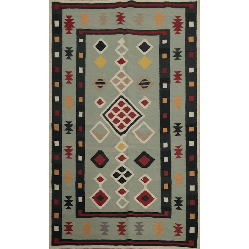 Hand Woven Oriental 100% Wool Carpet Southwestern Tribal Green Kilim Area Rug - 8' 0'' X 5' 0''