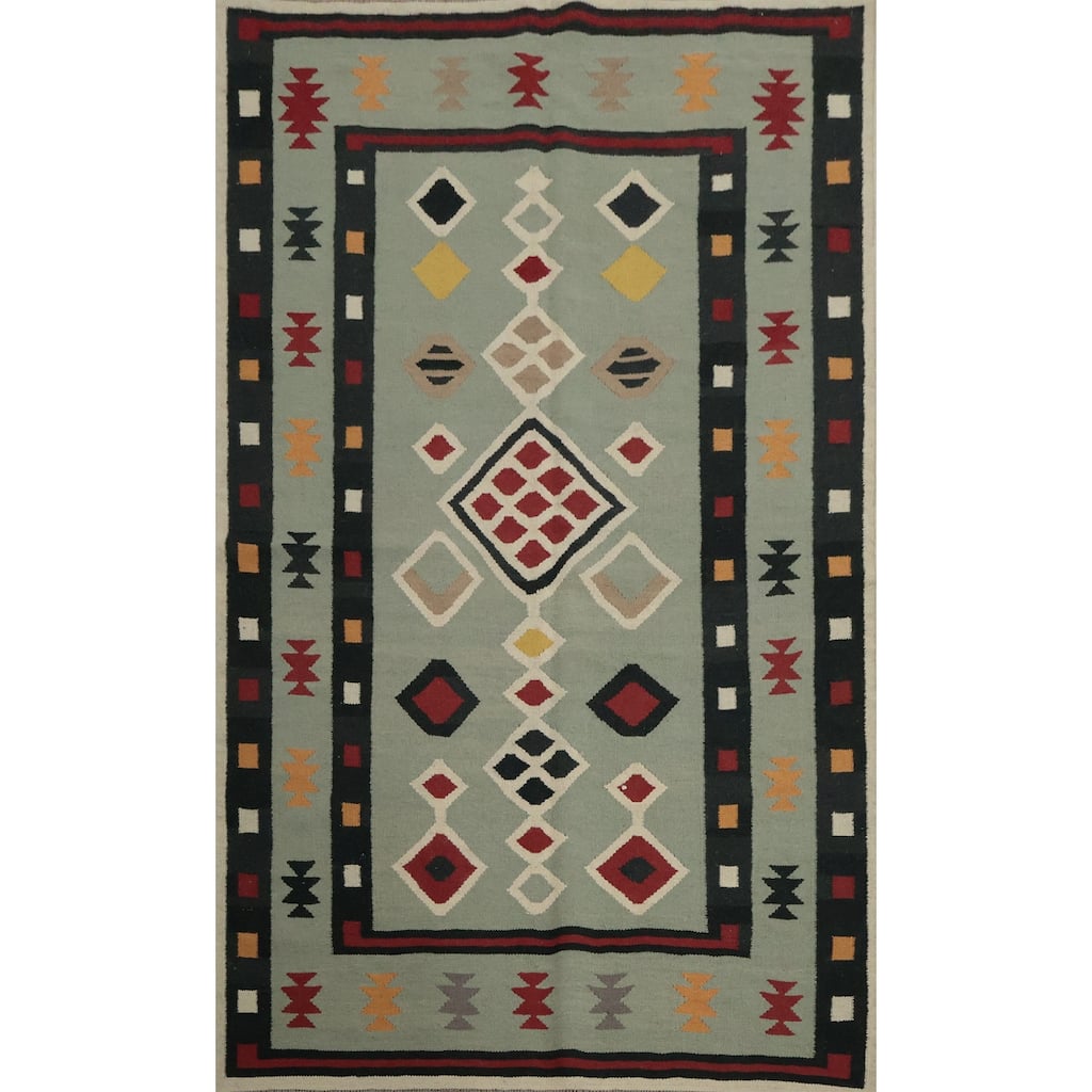 Hand Woven Oriental 100% Wool Carpet Southwestern Tribal Green Kilim Area Rug - 8' 0'' X 5' 0''