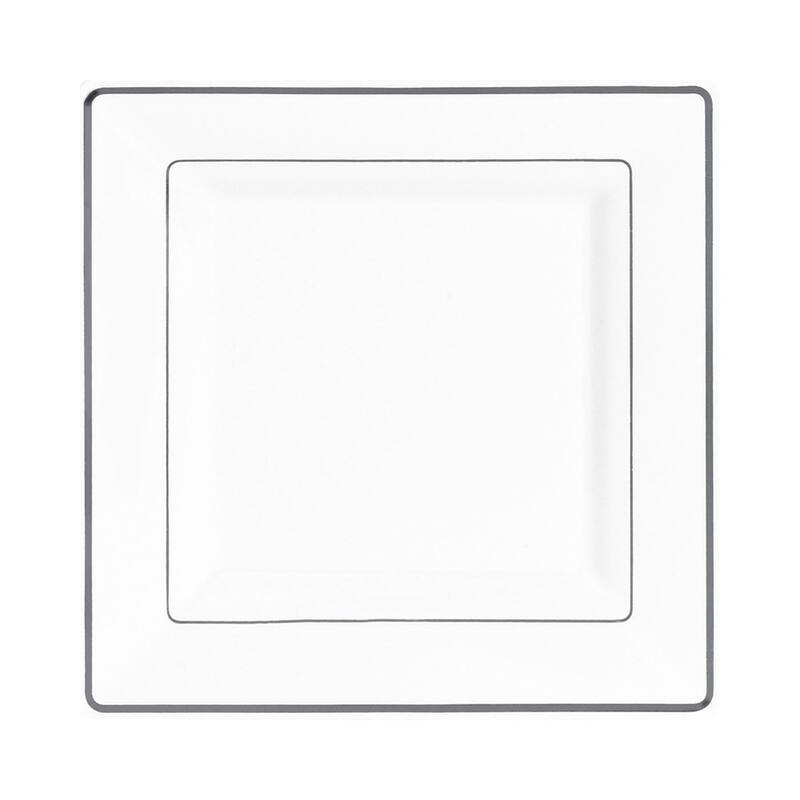Square Shiny Edge Rim Disposable Plastic Plate Packs - Party Supplies - 120pcs - Dinner Plates - White with Silver Rim