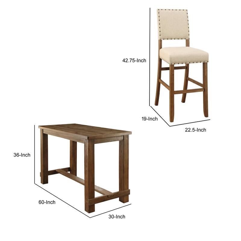 Counter Dining Table Set With Center Beam, Brown and Beige