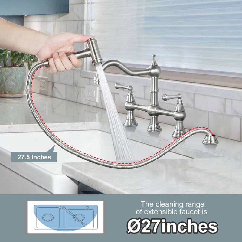 WOWOW Double Handle Bridge Kitchen Faucet with Side Sprayer