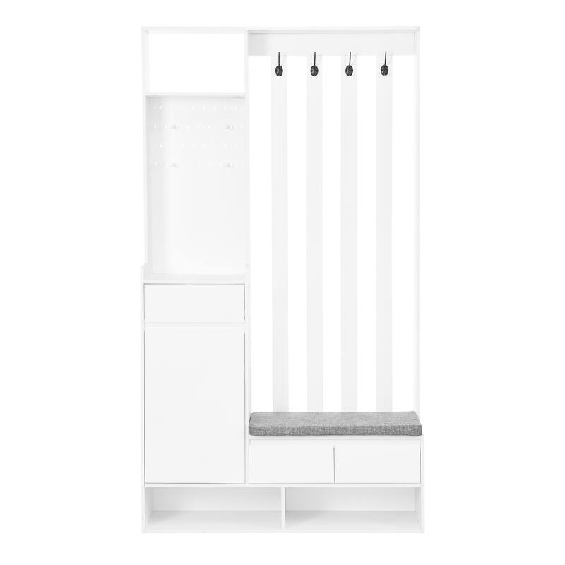 Modern Hall Tree Hallway Shoe Cabinet with Cushioned Bench, Pegboard, 4 Hooks, and Storage Shelves for Entryway and Mudroom