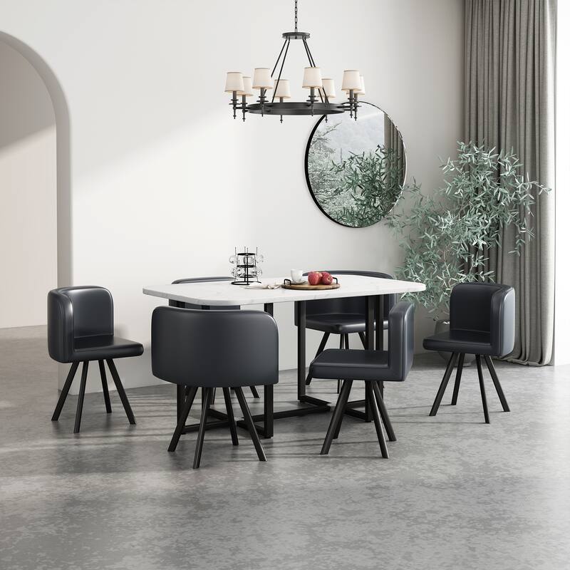 Modern Style 7-Piece Dining Set with Rectangular Marble-style Table and 6 Upholstered Dining Chairs