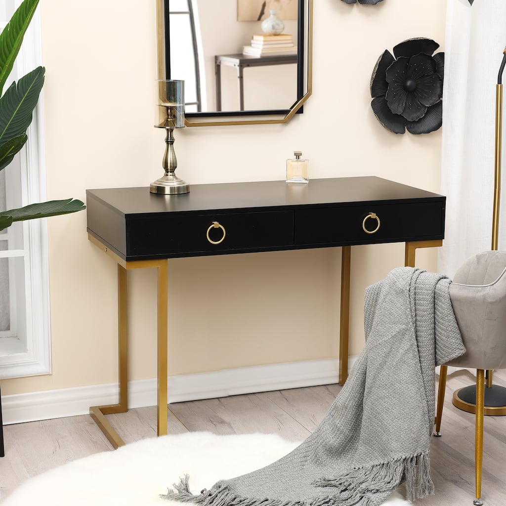 42-Inch Wood and Gold Metal 2-Drawer Writing and Computer Desk