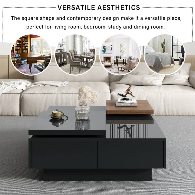 Black Modern Square Wood Coffee Table with Movable Top, High Gloss Finish, 4 Hidden Storage Drawers for Living Room