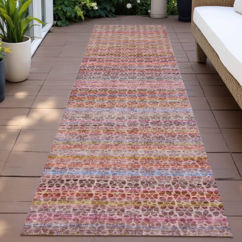 Machine Washable Indoor/Outdoor Transitional Striped Chantille Rug - Pink - 2'3" x 7'6"