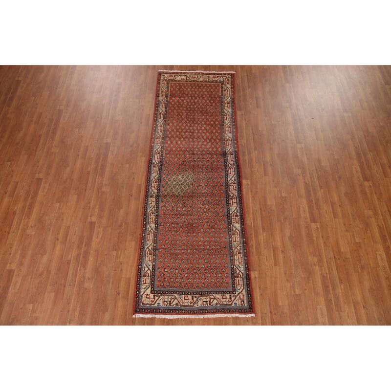 Hand Knotted Oriental 100% Wool Carpet Traditional All-Over Red Botemir Runner Rug - 10' 2'' X 3' 5''
