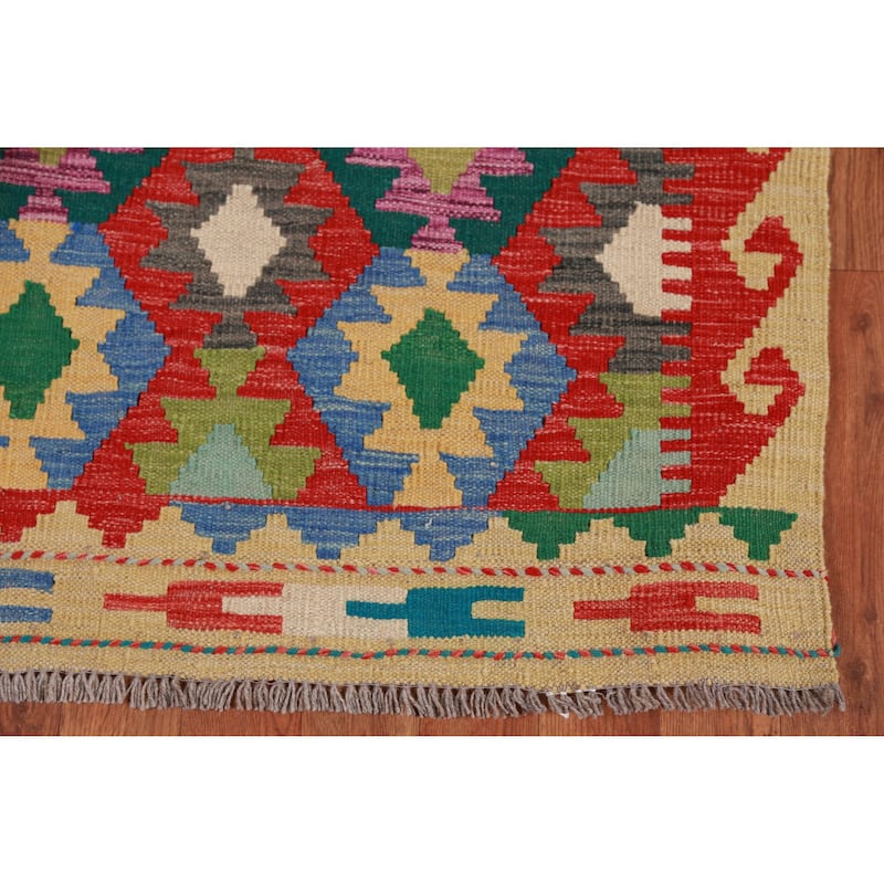Hand Woven Oriental 100% Wool Carpet Southwestern Geometric Multi-Colored Kilim Runner Rug - 12' 11'' X 2' 9''