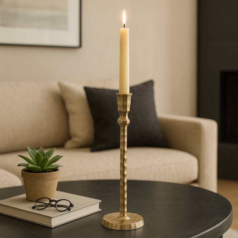 Gold 15 in. Metal Hammered Taper Candle Holder