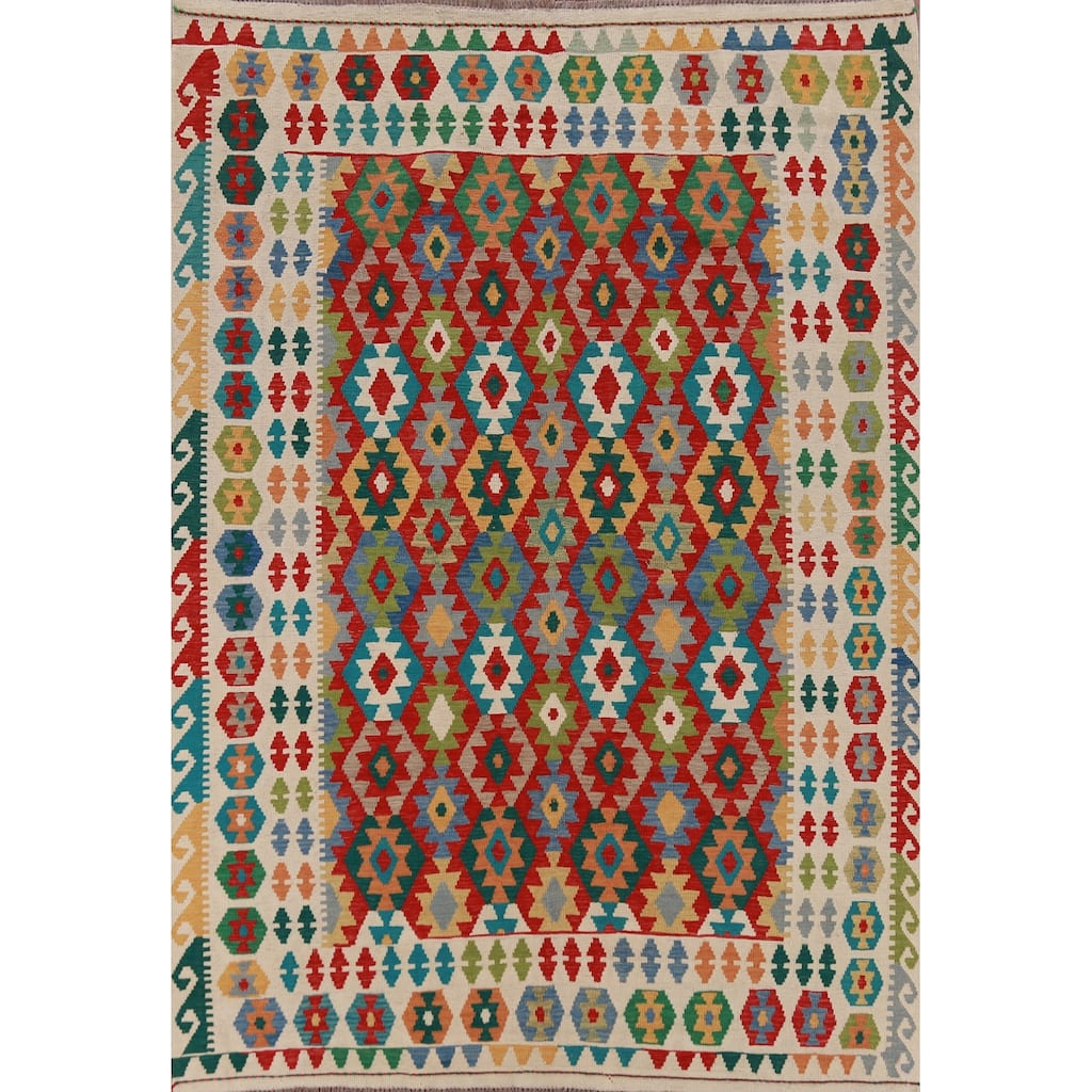 Hand Woven Oriental 100% Wool Carpet Southwestern Geometric Multi-Colored Kilim Area Rug - 8' 4'' X 6' 4''