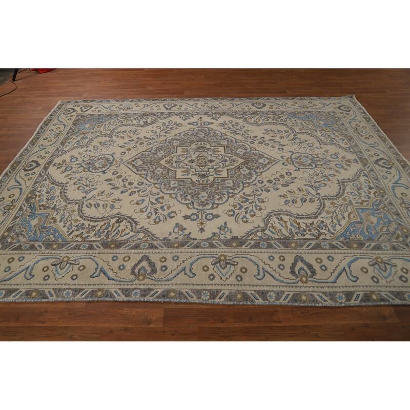Tabriz Persian Area Rug Traditional Beige Handmade Wool Carpet - 6'9"x 9'1"