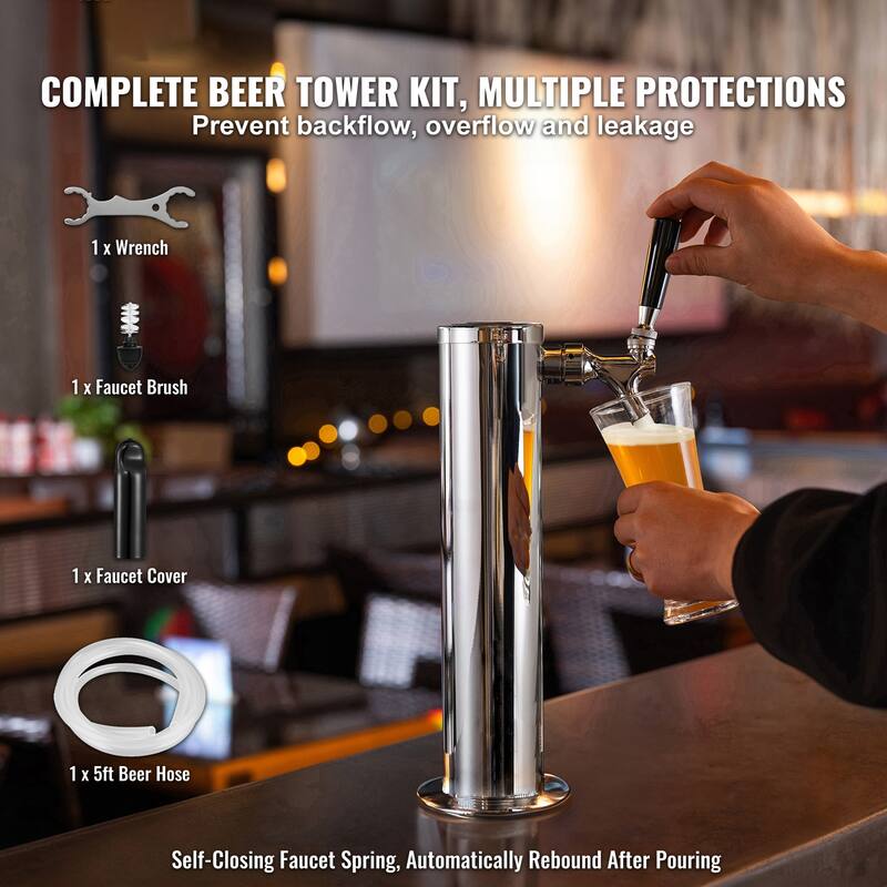 Draft Beer Tower Dispenser, Stainless Steel Keg Beer Tower, Kegerator Tower Kit with Pre-Assembled Tubing