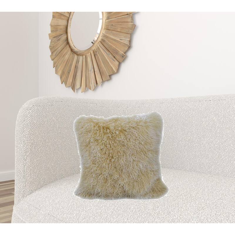 20" Gold Genuine Tibetan Lamb Fur Pillow With Microsuede Backing - Gold and White