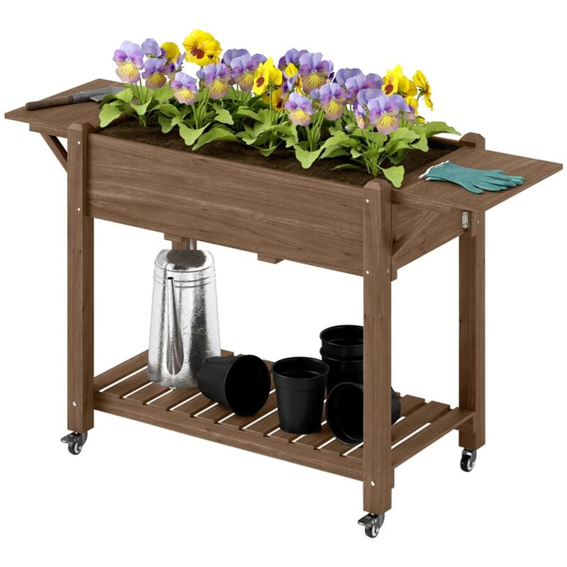 Raised Garden Bed with Storage Shelf and Foldable Ledges Fir Wood Planter for Indoor Outdoor Gardening - Brown