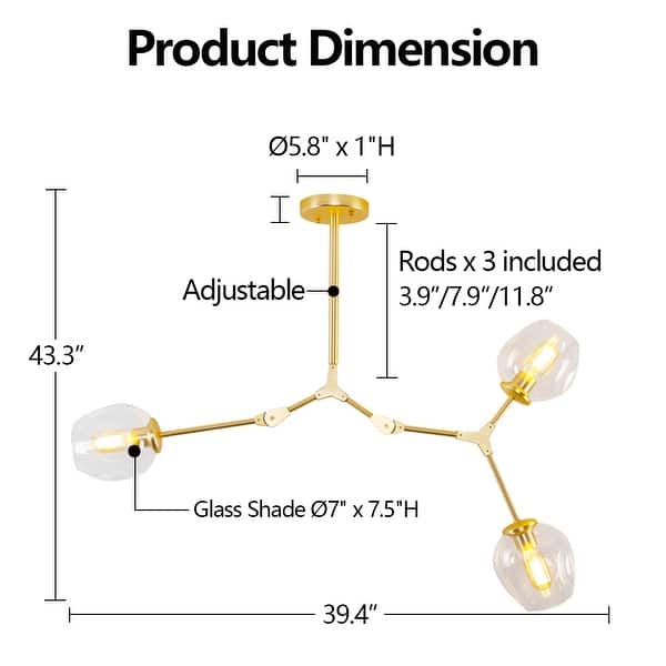 dimension image slide 2 of 4, Adjustable Chandelier Pendant Gold Chandelier with Clear Glass Shades