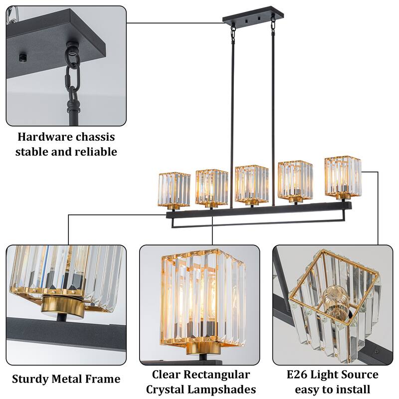 5-Light Modern Linear Crystal Chandelier kitchen island Pendant Lighting for Dining Room