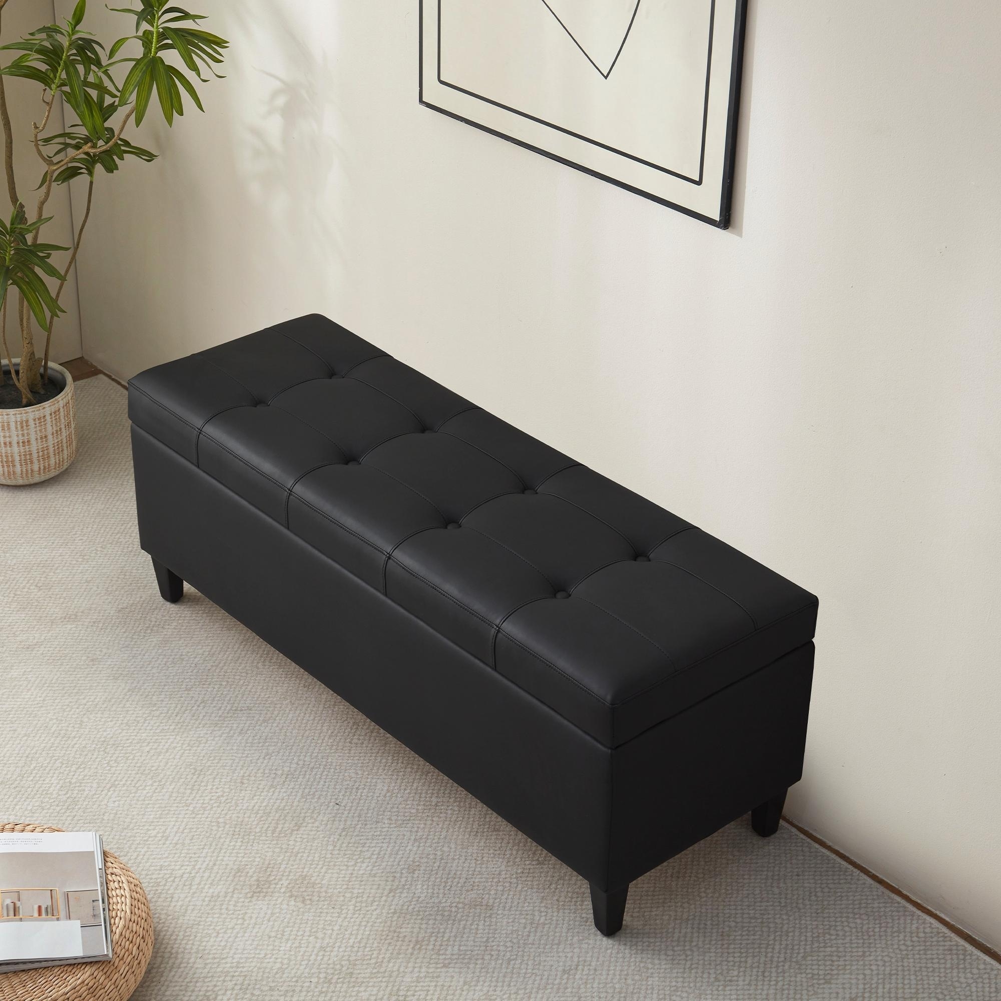 Black Faux Leather Storage Bench, Modern Ottoman Entryway Bench with Hidden Compartment for Bedroom or Living Room