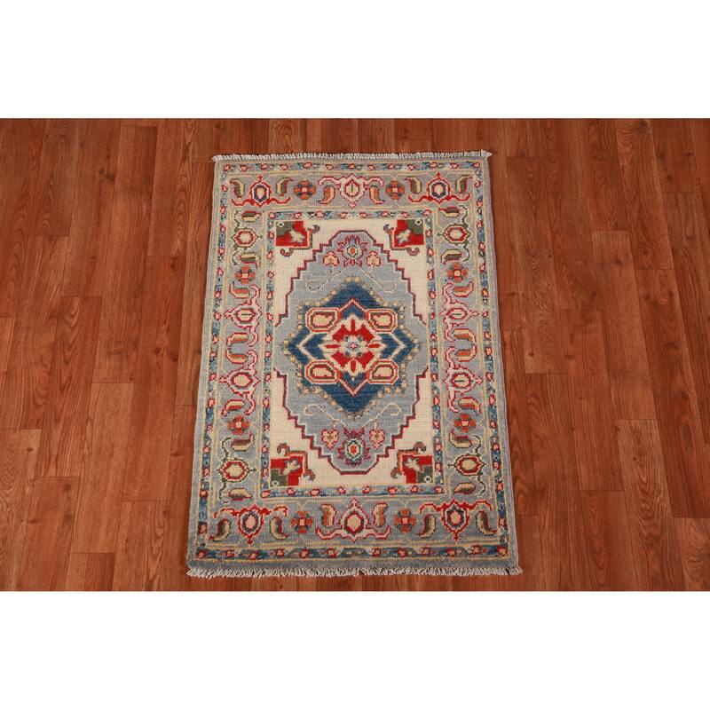 Traditional Kazak Oriental Rug Hand-Knotted Blue Wool Carpet - 2'0"x 3'0"