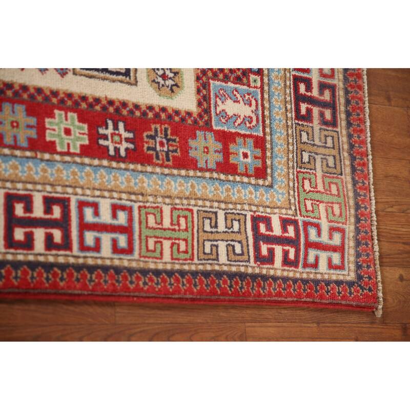 Geometric Beige Kazak Oriental Accent Rug Handmade Wool Carpet - 3'1"x 4'8"